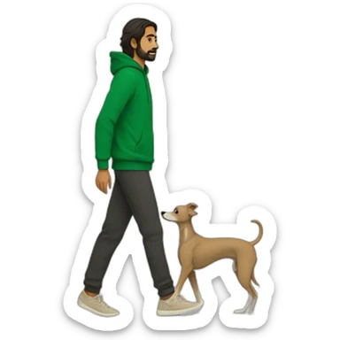 an indian man wearing a green sweatshirt, beige shoes, long hair, no beard, black shorts, walking, side profile, one hand raised slightly below waist level walking a beige whippet sticker