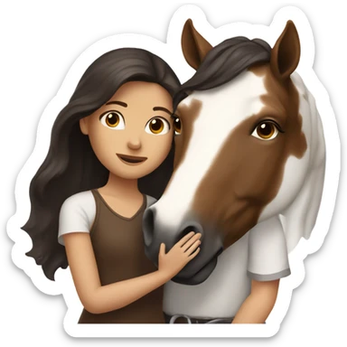Girl with dark brown hair hugging brown horse with white spots  sticker