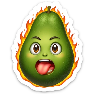 An avocado burning in flames, biting its lips sticker