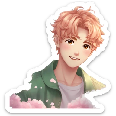 Gorgeous bright sparkly anime style shojo guy with blushing face and flowers aesthetic trending style outside sticker