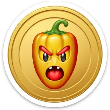 A gold coin ('SPICY COIN') displaying a spicy pepper as it's logo. This is a 'Heads' version. If the pepper has a face, make him angry sticker