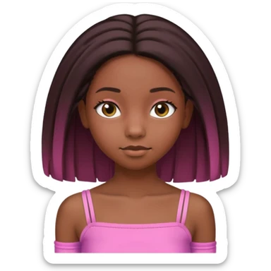 A black 12 yr old girl brushing her shoulder length hair, doe eyes, almond eyes pink tube top and black hair like the 3rd. The first one but hair straight and long and close to body sticker