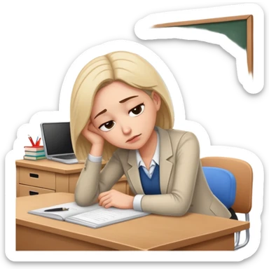 Exhausted female teacher with head down on classroom desk sticker