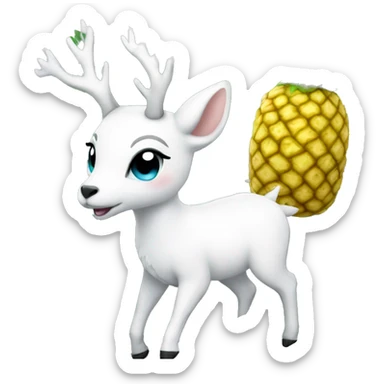 a white deer playing with a pineapple plushie sticker
