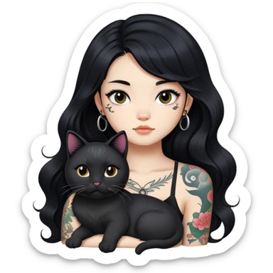 a Chinese girl with long black  Big Wave hair and tattoos and a black round faced cat  sticker