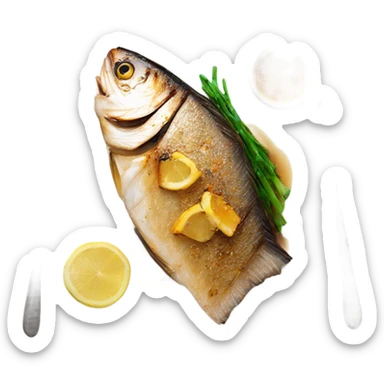 grilled fish small 3 fillet with brown butter sauce on white plate sticker