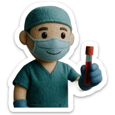 A modern surgeon with a face mask and surgical gloves holding a test tube sticker