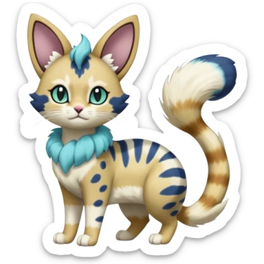 Cobalt-Blue green turquoise black white Purloin-Meowth-Meowstic-Minccino-Cinccino-serval-furret-Noibat-caracal-fusion-hybrid-creature (full body) sticker