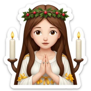 brown long haired white women with white gown and advent wreath with 5 candles on the head and praying hands  sticker