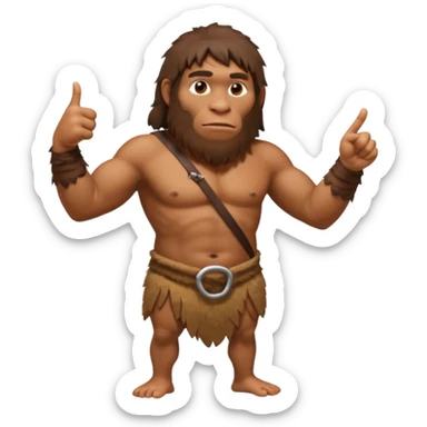 A full-bodied Neanderthal, dressed in a loincloth, points his thumb to the right
 sticker