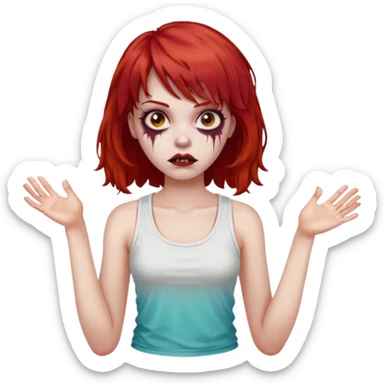 Uma menina de cabelo vermelho com franja, que seja uma zombie, e que esteja vestindo uma regata branca, cabelo médio e liso mais enrolado nas pontas  sticker