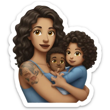  Brunette with tattoos on arm with long hair holding a baby boy with brunette curly hair  sticker