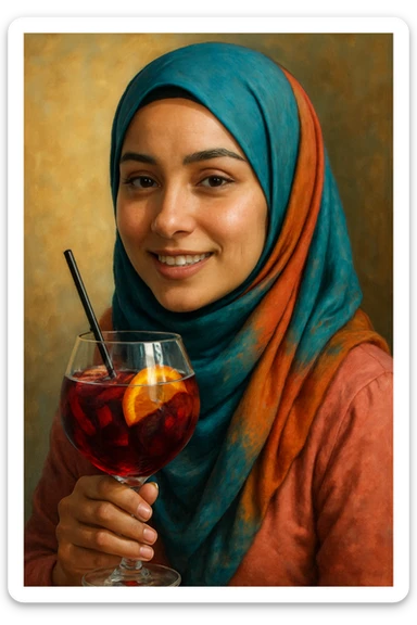 A woman wearing a hijab holding a glass of sangria sticker
