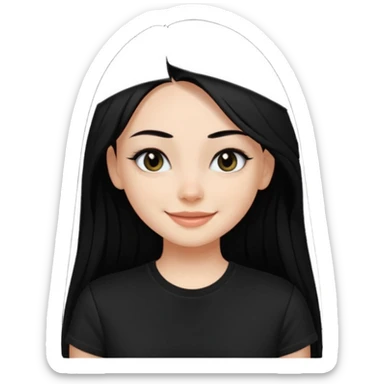 a pretty bratz fair girl with straight long black hair, wearing a black tshirt, smiling, eyeliner on sticker