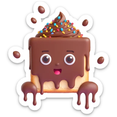 Rectangular chocolate mini pastry, messy chocolate dripping, sprinkles flying, surprised eyes, open mouth, text above: "ПАСТИЧКА", chibi style, Twitch emoji style, transparent background, colorful
 sticker