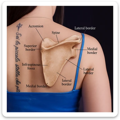 Add anatomically accurate scapulae on the woman's back in a realistic style, including anatomical labels indicating the main parts of the scapulae. The image should have clear and educational labeling for anatomical study. sticker