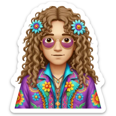 Create a 3D ultra detailed psychedelic colored hippie style flower border with a gorgeous hippie in the center with long curly hair and a fringed jacket sticker