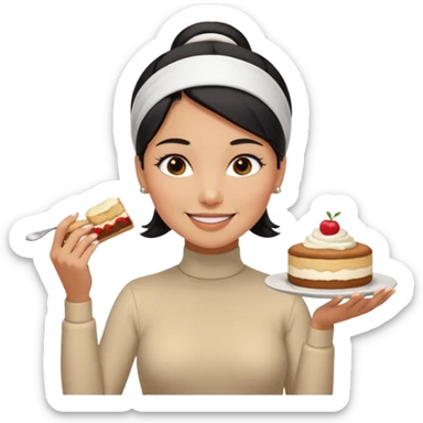  tan skin woman with long face, and short black hair slicked back ponytail with forehead showing, white headband, wearing white turtleneck shirt, eating tiramisu smiling with middle parted hair sticker