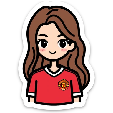 Cute girl with long straight brown hair, brown eyes with mascara, makeup, wearing a Manchester United red football kit sticker