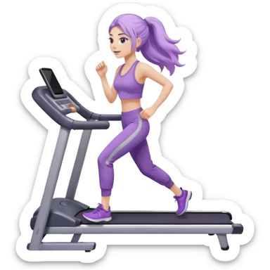 Девушка белокожая на беговой дорожке, с длинными светло-лиловыми волосами, в лиловом топе, в серых спортивных штанах, с черными ресницами sticker
