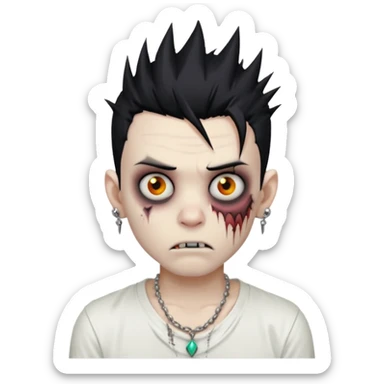 zombie boy with spiky emo black hair and white shirt , tattos, a risk on the eyebrow, earings,  a necklace emoji  sticker