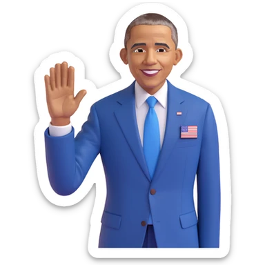 Barack Obama waving, cartoon emoji style, with a blue suit and American flag pin sticker