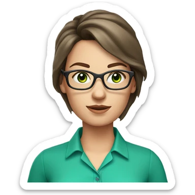 Female coding teacher with brunette hair, green eyes, fair skin, teal eye glasses and a pink shirt sticker