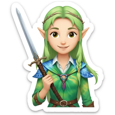 smiling elven woman with sword wearing tie dye sticker