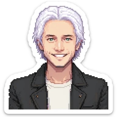 Man with white hair parted in the middle, black in color, shoulder-length, smiling, wearing a white shirt and a black jacket sticker