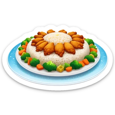 Magical floating plate with ethereal glowing rice, chicken pieces surrounded by sparkles, and enchanted Puerto Rican Boricua mix vegetables sticker