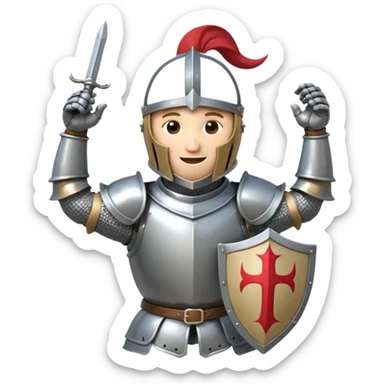 A cartoon knight in full armor with a closed helmet, expressing merriment. The knight's head is tilted slightly to the side, arms raised in laughter, and legs slightly apart. sticker