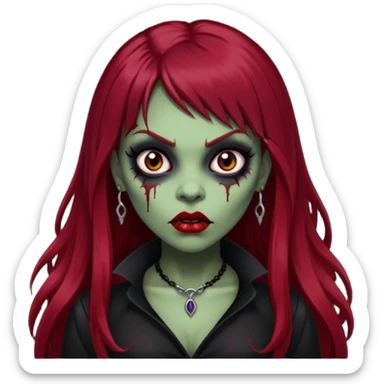 vampira gótica parda zumbi de cabelo longo e vermelho extremamente escuro e franja e roupa com decote e batom preto sticker