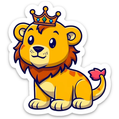 A majestic lion king with a crown facing a colorful dinosaur sticker