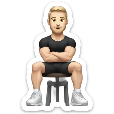 Pale skinned Fit Man With the biceps and dark brown hair in black shirt, gray sports shorts and white Sneakers Sitting on a chair sticker