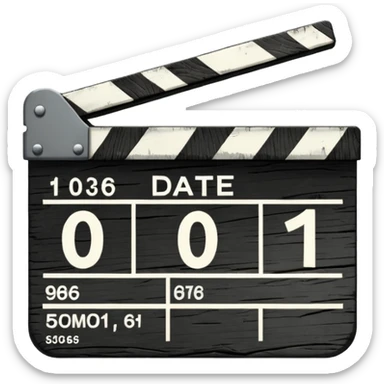 Minimalist emoji-style sticker of a cracked movie clapperboard with the date “06/06/66”, faint scorched marks, all in grayscale


 sticker