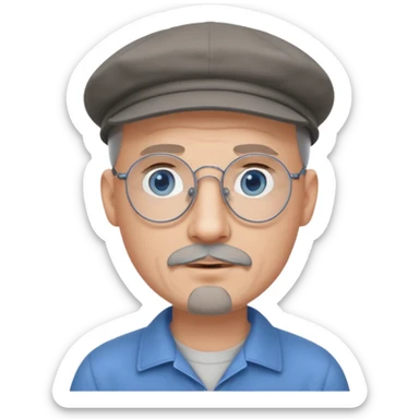 Bald, grey goatee, wire rim glasses, blue eyes, grey flat cap sticker