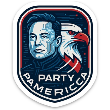 futuristic badge for 'Party America' showing a hybrid of Elon Musk and an American eagle, with 'Party America' text included, clean, tech-inspired style with patriotic colors sticker