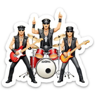 Icon for Rock Music: Scorpions live concert on stage with electric guitars, drums, and a powerful spotlight. Klaus Meine at the microphone, Rudolf Schenker and Matthias Jabs playing guitars, dynamic stage presence, and electric energy. Transparent background. sticker