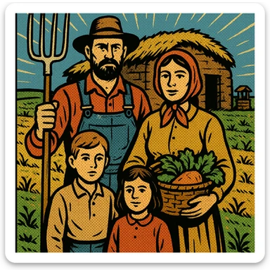 A homestead farming family from the 1860s standing in front of their sod house on the Great Plains. The father is holding a pitch fork and the mother is carrying a basket of crops. The land in the background has crops which are struggling to grow with a small well sticker