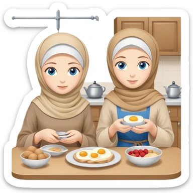 Turkish beautiful finish Konya two girls blue eyes with beige denim hijab islamic dress and make breakfast in breakfast house  sticker