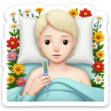 sick person in bed with thermometer and flowers sticker