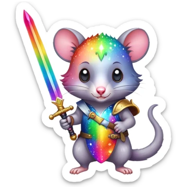 Colorful possum holding a sword with rainbow sparkles sticker