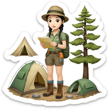 A braid black hair backpacking woman checking her map with curious eyes while walking wear camping hat and dirt covered boots full body sticker