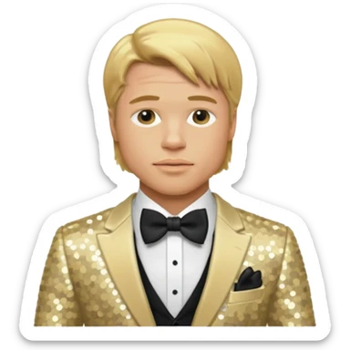 Brad Pitt with golden blonde hair, cream sequin suit with bow tie sticker