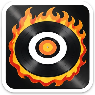 a black vinyl record on fire with a white center sticker sticker