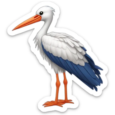  white stork with long legs and a long beak flying in the sky. The stork is carrying a blue bundle of cloth in its beak that has a cute baby face peeking out from it sticker