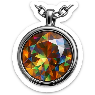 Add a silver chain or ornate setting to the round cut holographic amber charm, keeping the extreme close-up and original style sticker