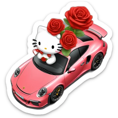 hello kitty in a porsche 911 gt3rs with a bouquet of red roses in her hand sticker