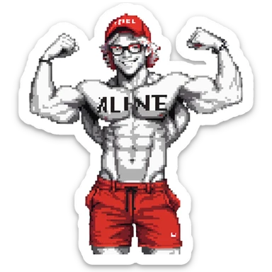 Thin man with defined muscles, black and white cap with VANOMAS text, bare torso, red shorts, clear glasses, messy light hair, flexing and smiling sticker