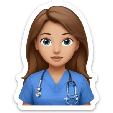 inside a classroom at university that says nursing school on the board with a pretty female nursing student with long brown hair, blue eyes sticker